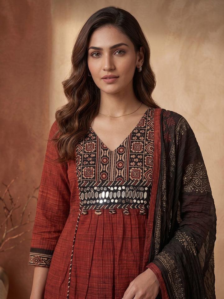 Red Printed Cotton Blend Kurta With Pant &amp; Dupatta