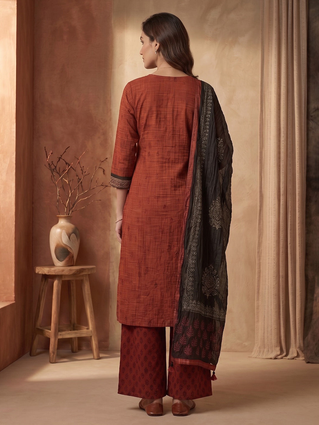 Red Printed Cotton Blend Kurta With Pant &amp; Dupatta