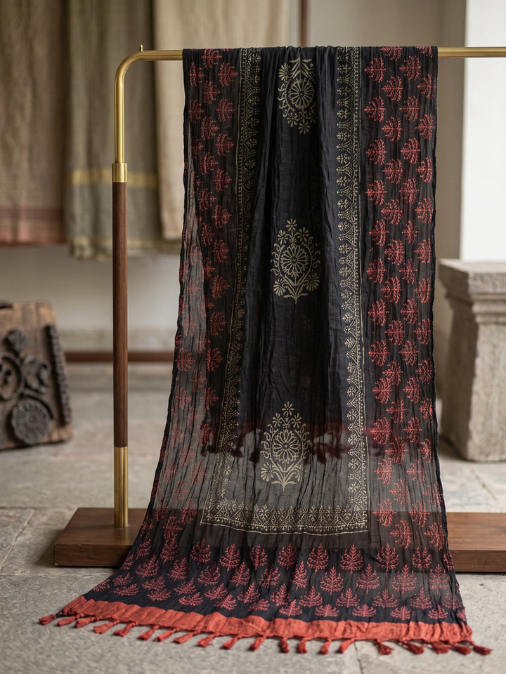 Red Printed Cotton Blend Kurta With Pant &amp; Dupatta