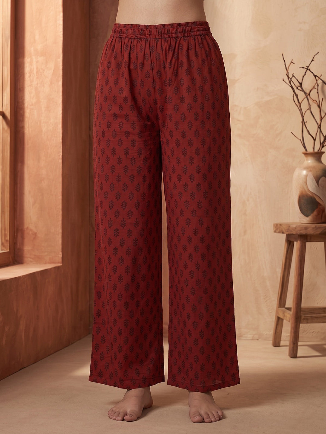 Red Printed Cotton Blend Kurta With Pant &amp; Dupatta
