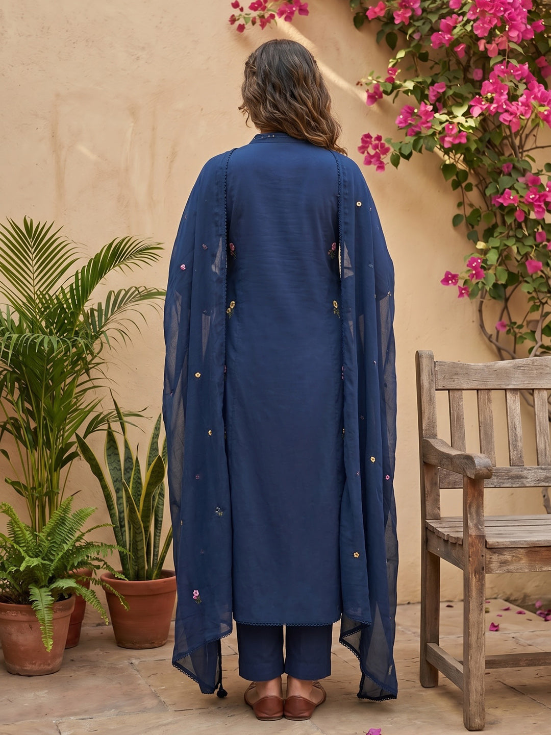 Blue Embroidered Cotton Blend Straight Round Neck Suit Set