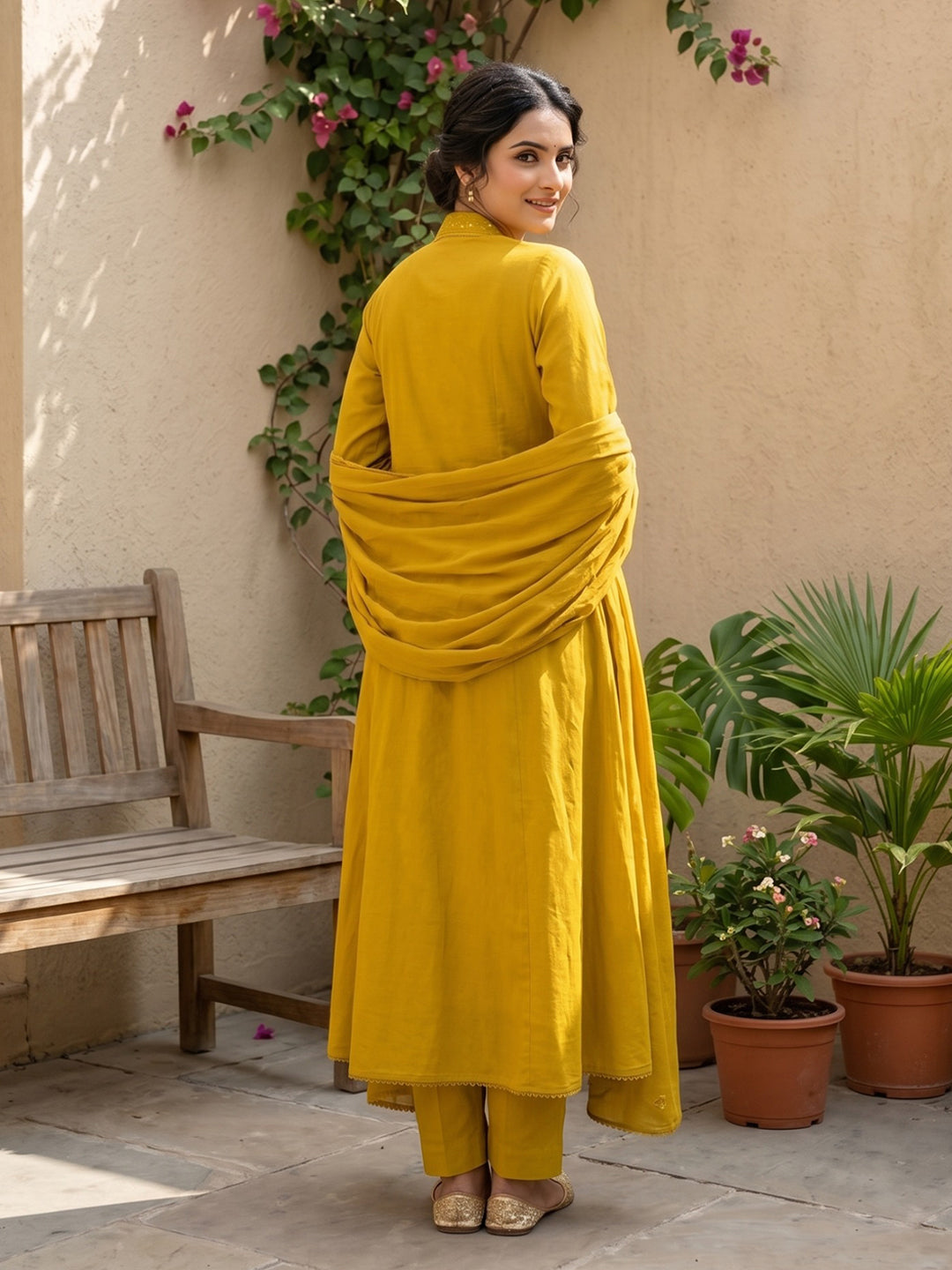 Mustard Embroidered Cotton Blend Straight Round Neck Suit Set