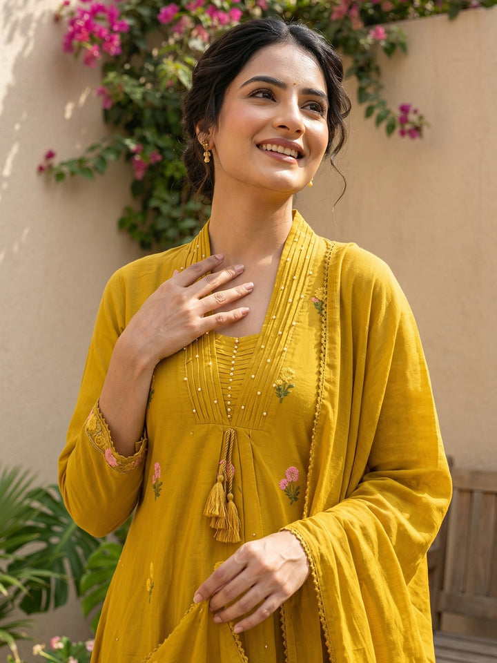 Mustard Embroidered Cotton Blend Straight Round Neck Suit Set