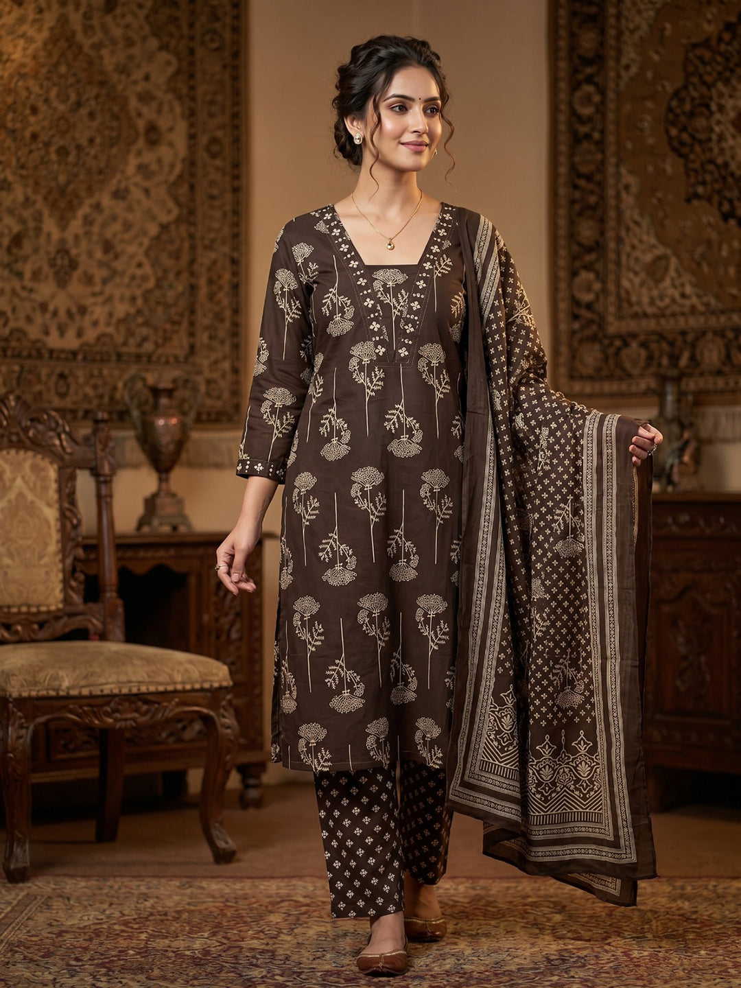 Brown Printed Cotton Blend Round Neck Suit Set