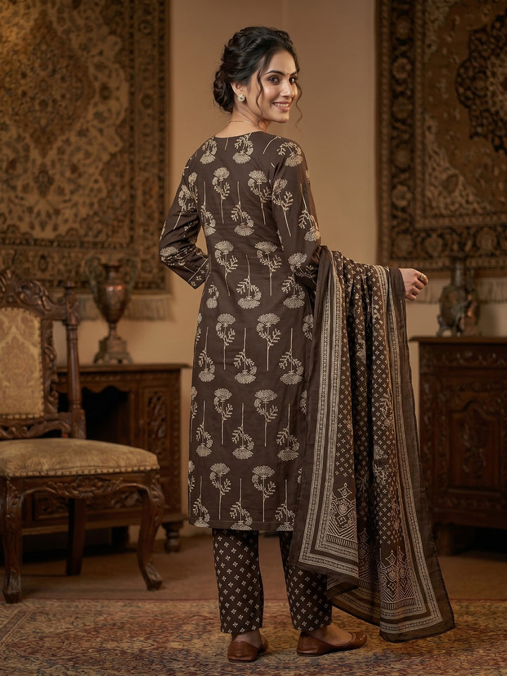 Brown Printed Cotton Blend Round Neck Suit Set