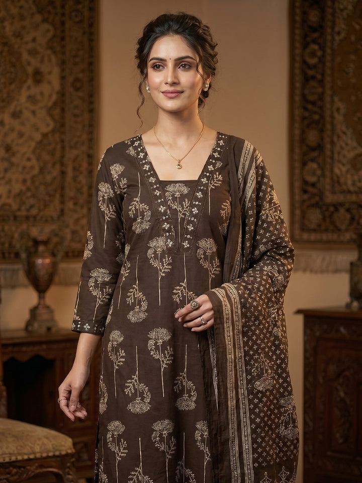 Brown Printed Cotton Blend Round Neck Suit Set