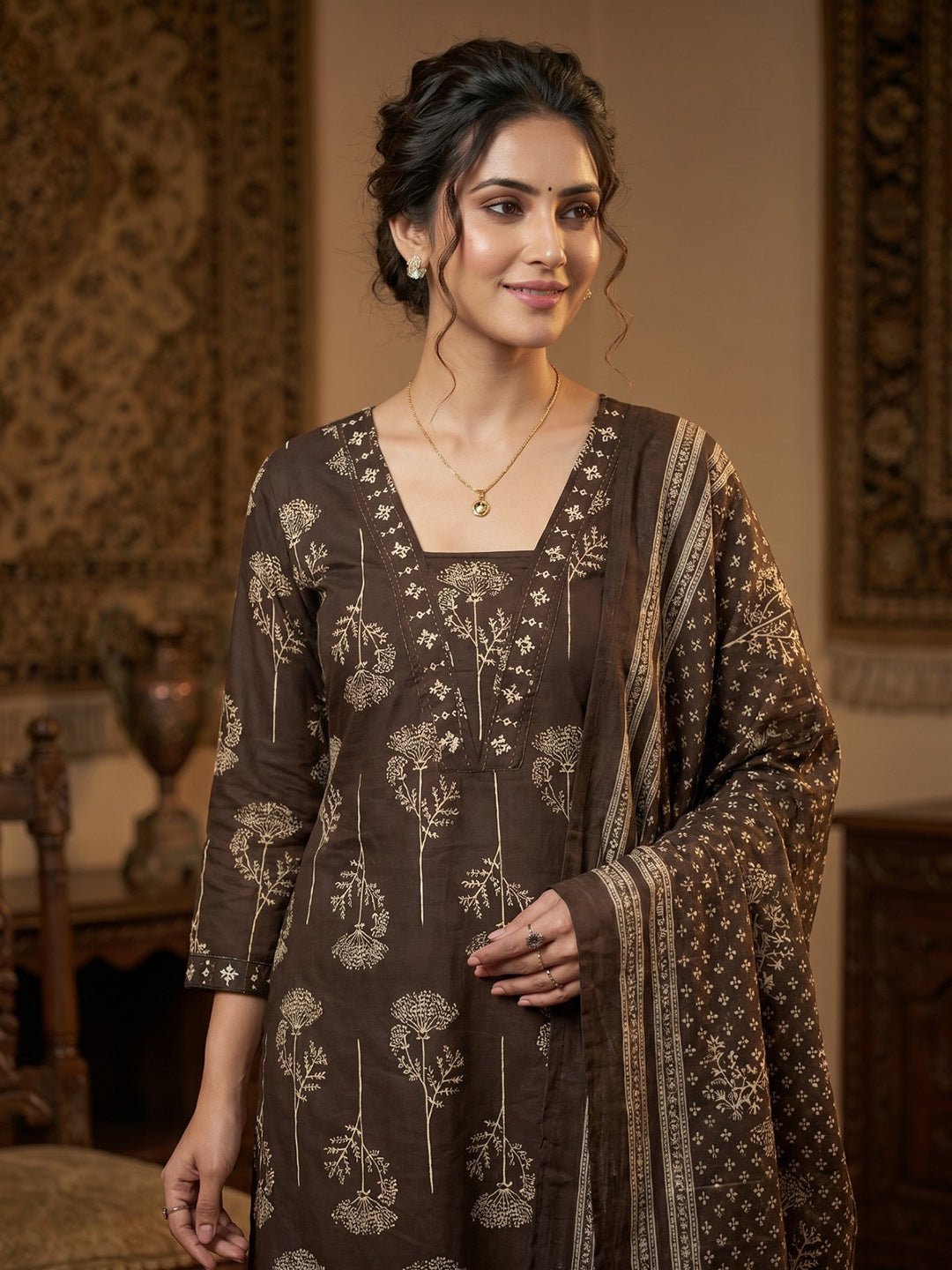 Brown Printed Cotton Blend Round Neck Suit Set