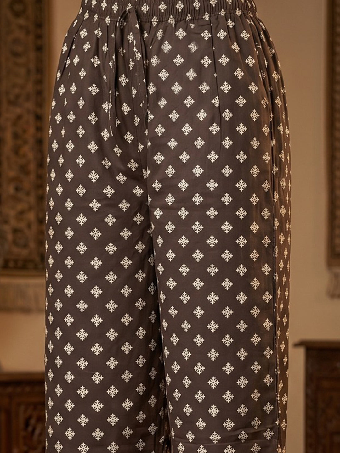 Brown Printed Cotton Blend Round Neck Suit Set