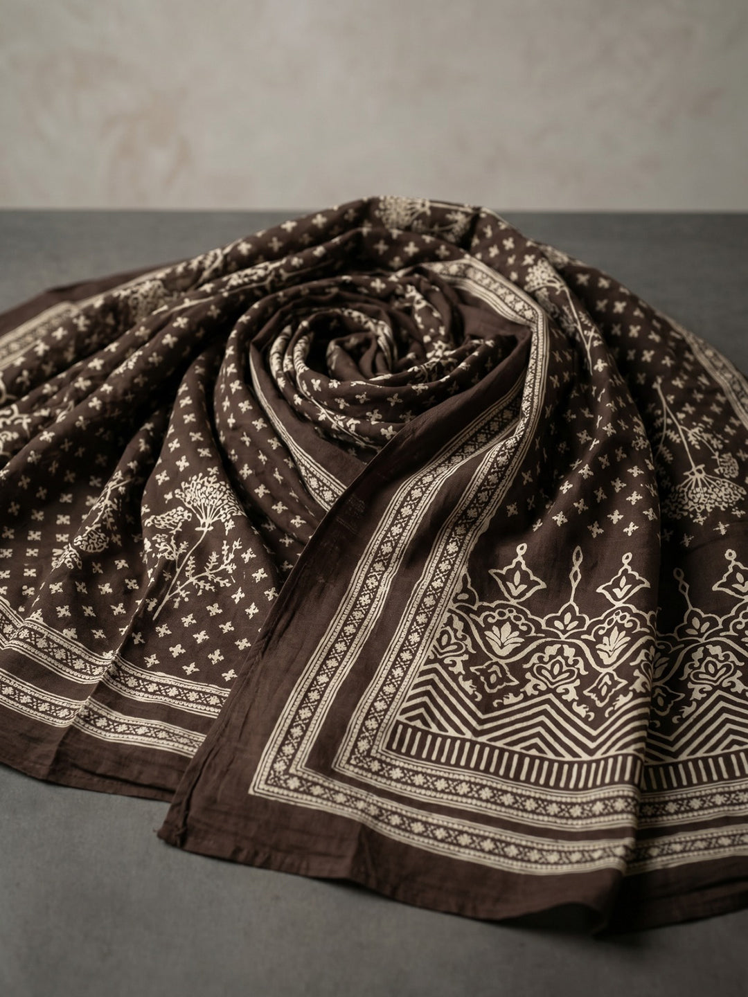 Brown Printed Cotton Blend Round Neck Suit Set