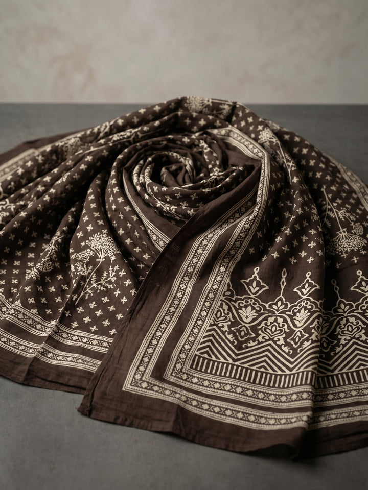 Brown Printed Cotton Blend Round Neck Suit Set
