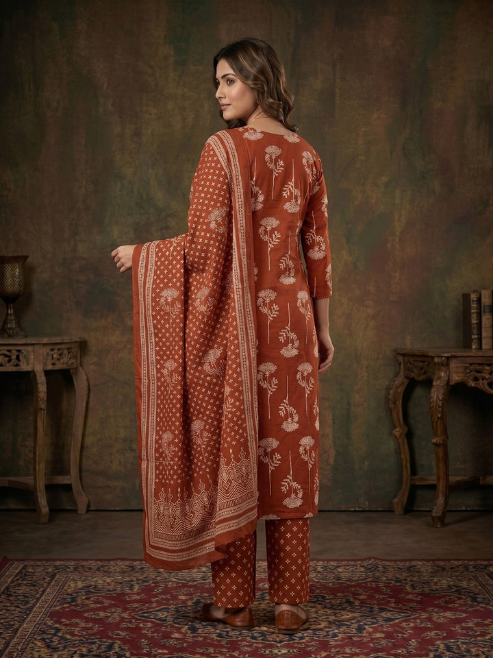 Red Printed Cotton Blend Round Neck Suit Set