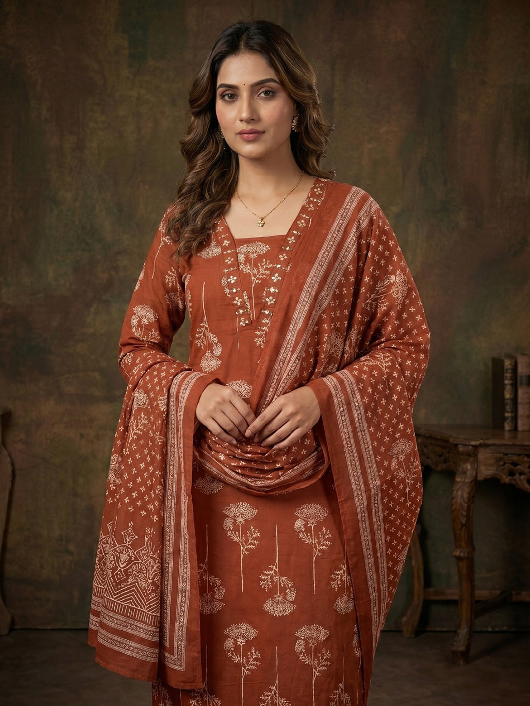 Red Printed Cotton Blend Round Neck Suit Set