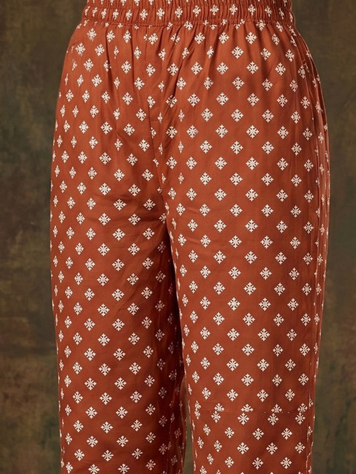 Red Printed Cotton Blend Round Neck Suit Set