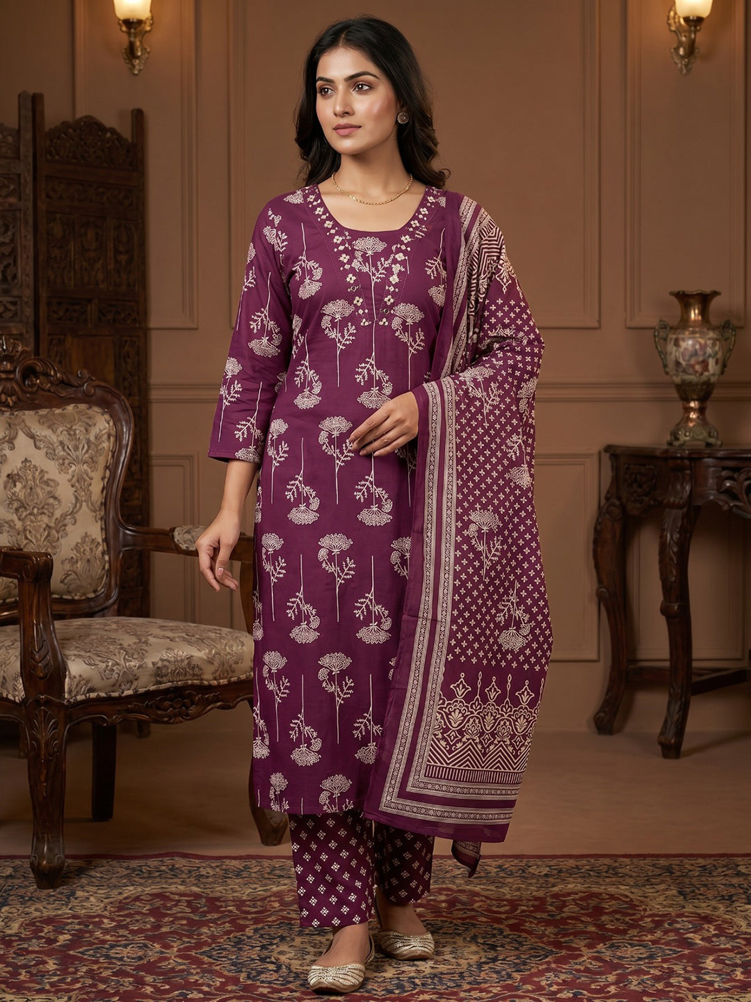 Wine Printed Cotton Blend Round Neck Suit Set