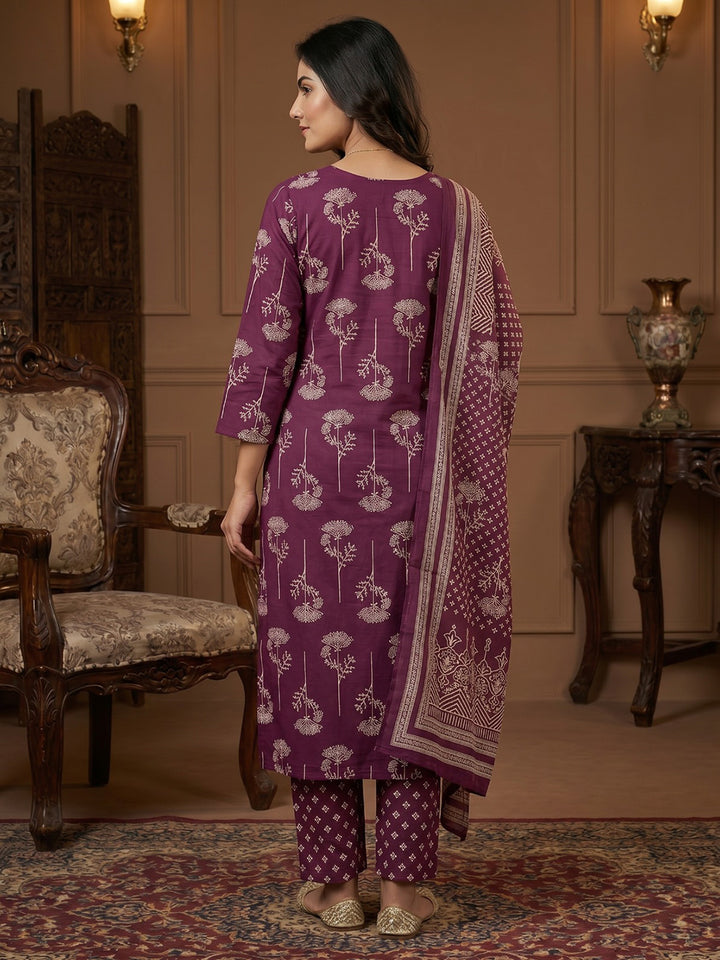 Wine Printed Cotton Blend Round Neck Suit Set