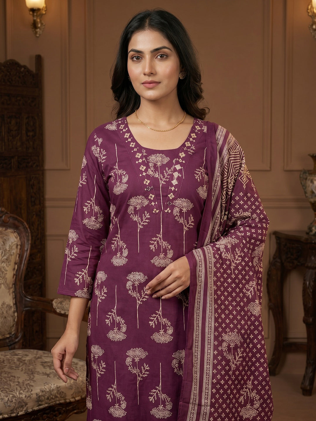 Wine Printed Cotton Blend Round Neck Suit Set
