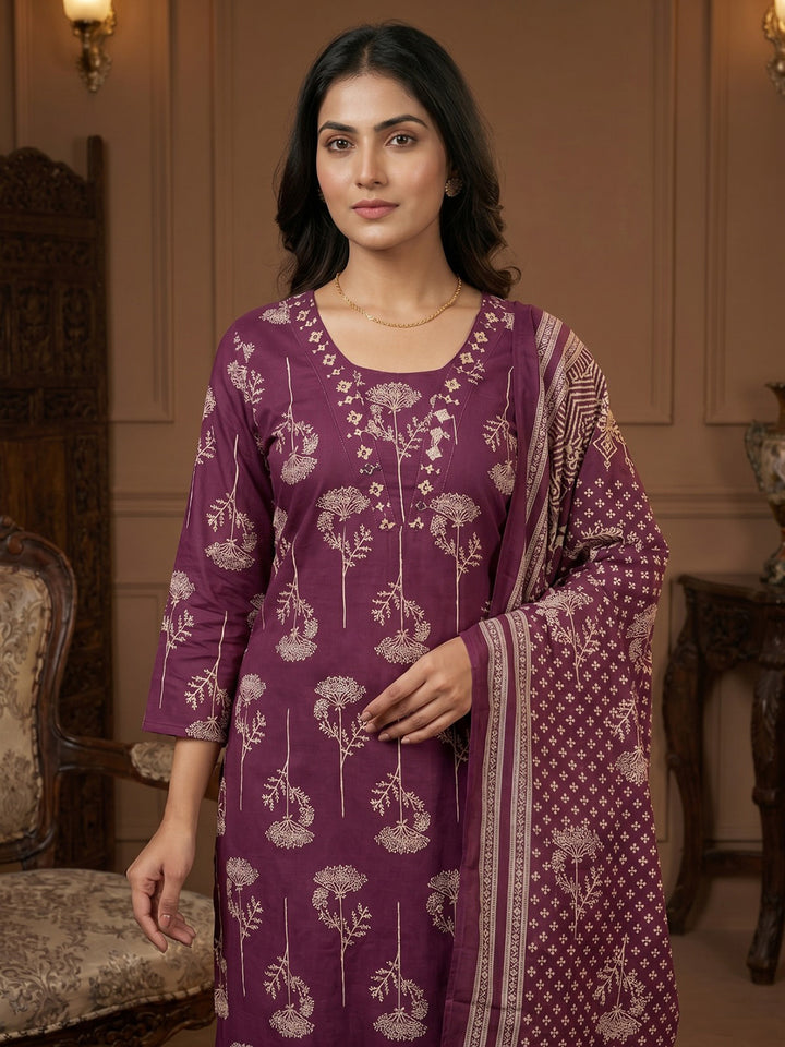 Wine Printed Cotton Blend Round Neck Suit Set