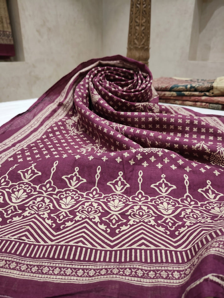 Wine Printed Cotton Blend Round Neck Suit Set