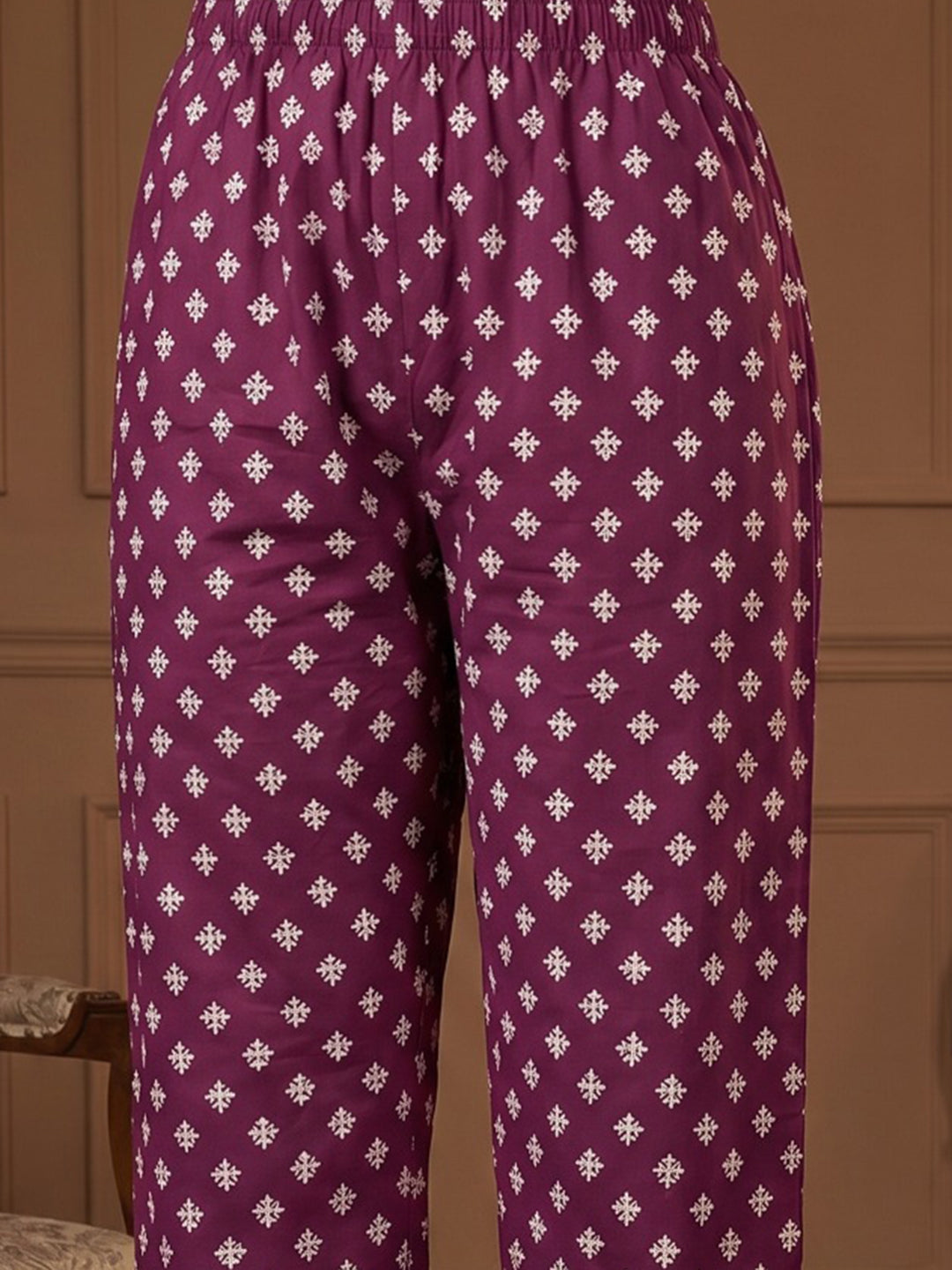 Wine Printed Cotton Blend Round Neck Suit Set