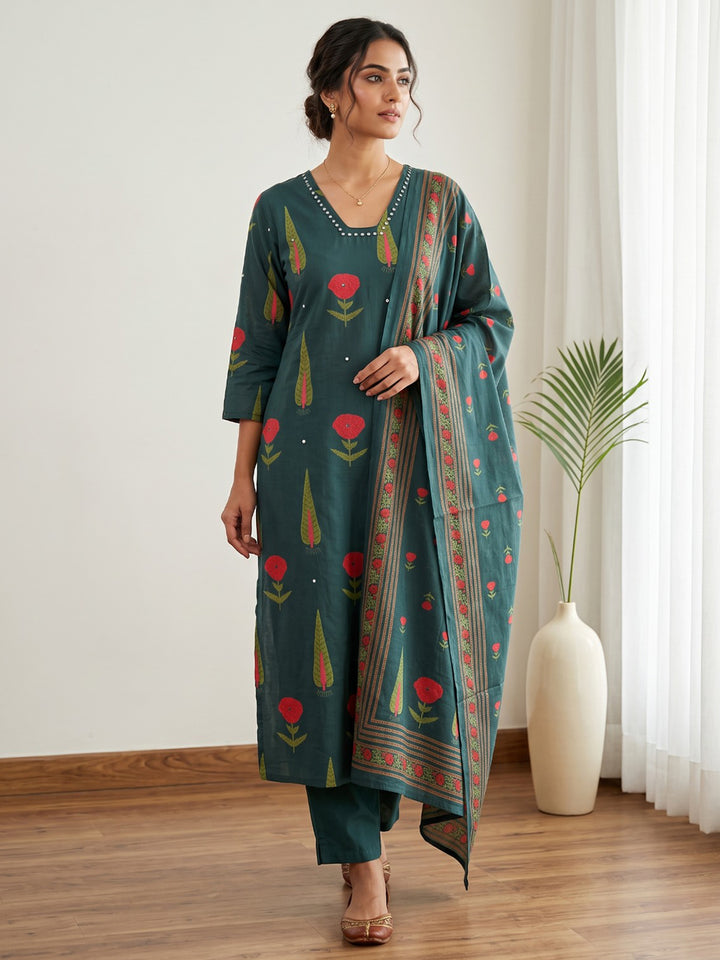 Blue Embroidery Cotton Blend Kurta With Pant &amp; Dupatta