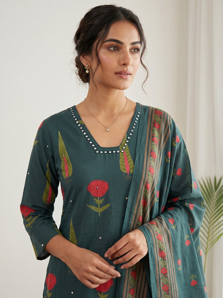 Blue Embroidery Cotton Blend Kurta With Pant &amp; Dupatta