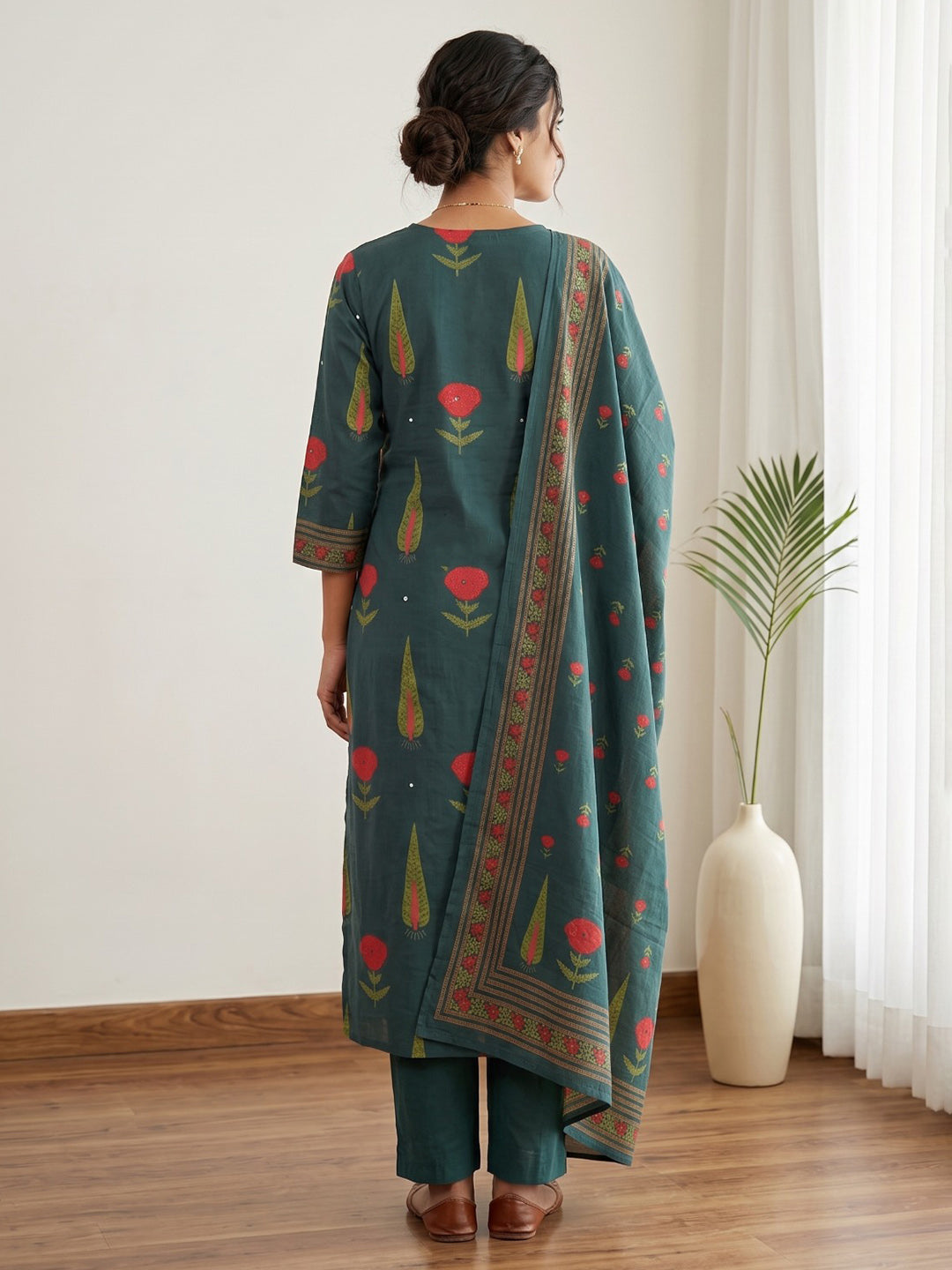 Blue Embroidery Cotton Blend Kurta With Pant &amp; Dupatta