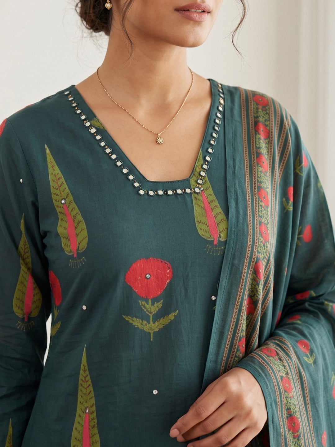 Blue Embroidery Cotton Blend Kurta With Pant &amp; Dupatta