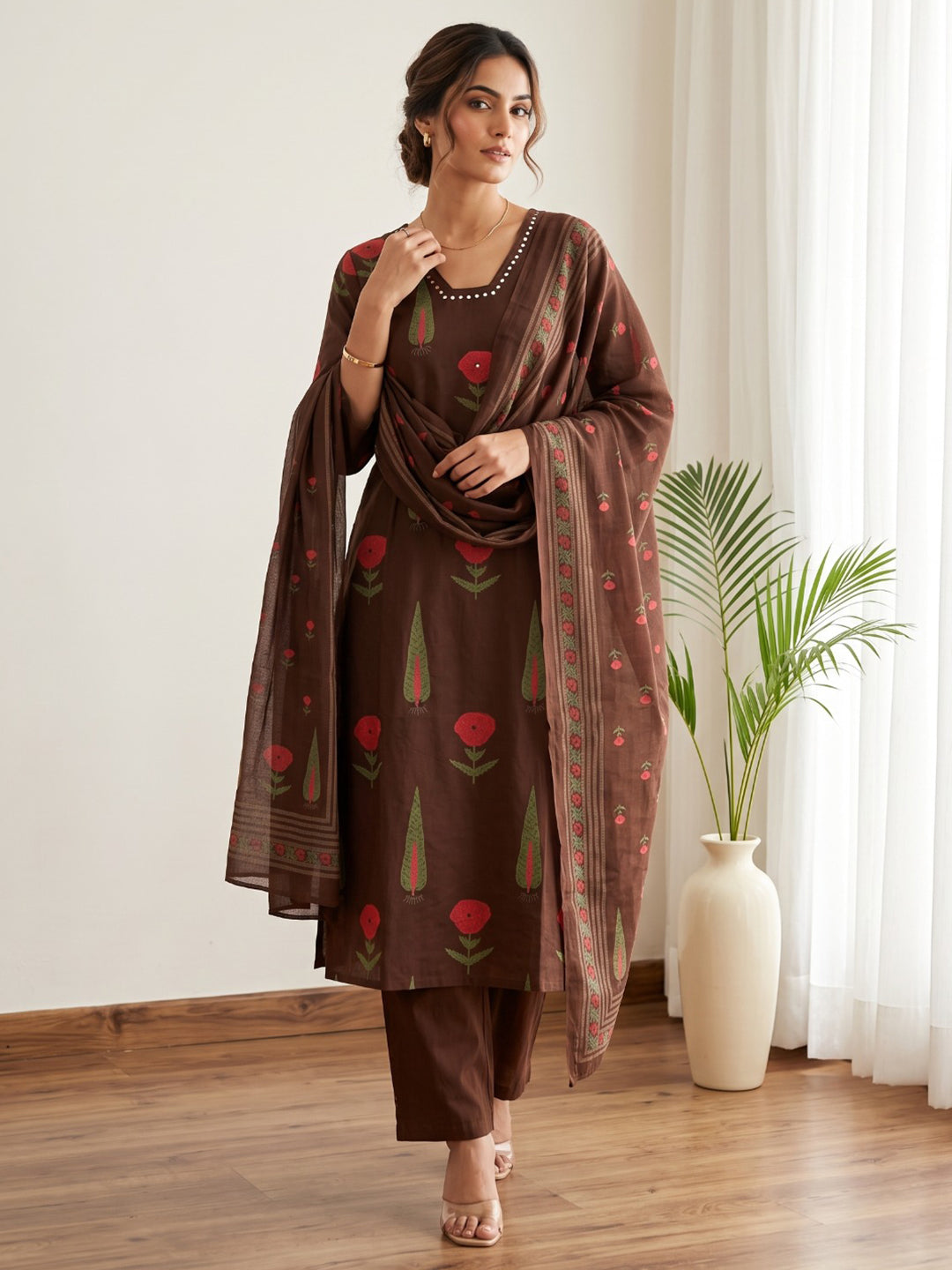 Brown Embroidery Cotton Blend Kurta With Pant &amp; Dupatta
