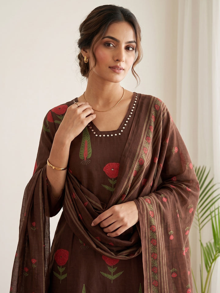 Brown Embroidery Cotton Blend Kurta With Pant &amp; Dupatta