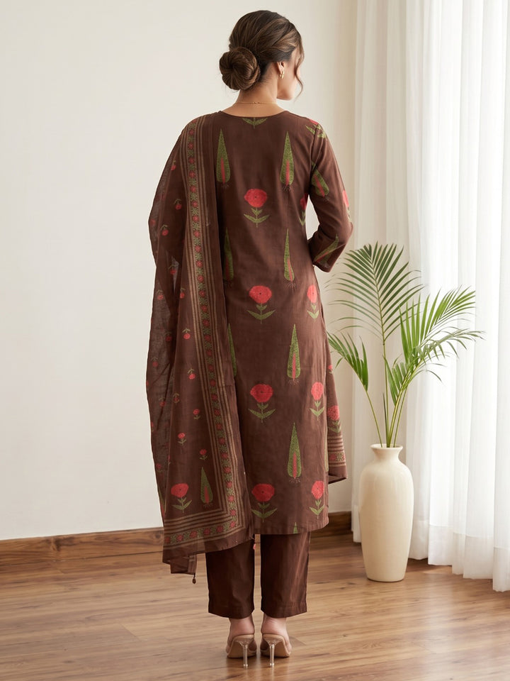 Brown Embroidery Cotton Blend Kurta With Pant &amp; Dupatta