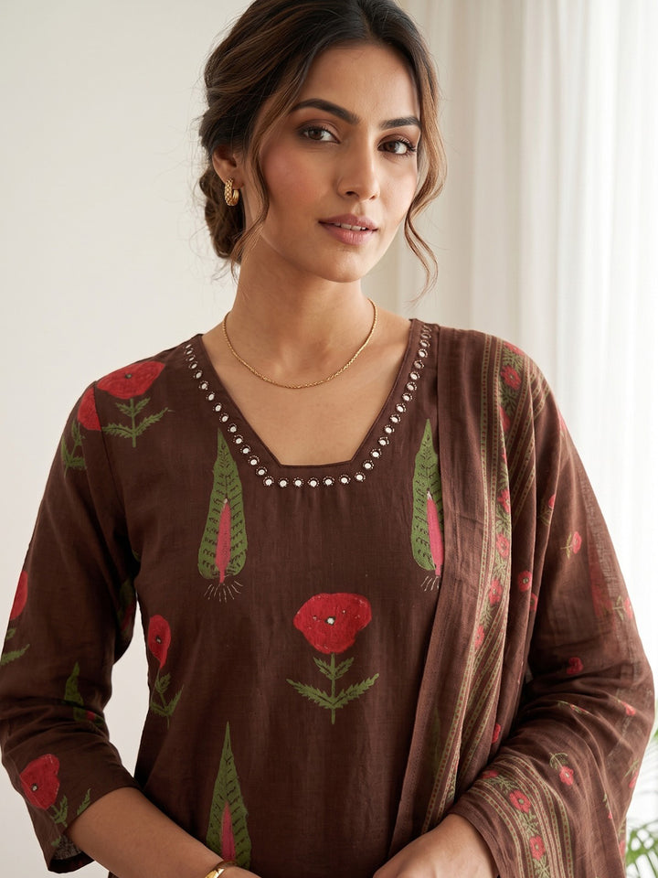 Brown Embroidery Cotton Blend Kurta With Pant &amp; Dupatta