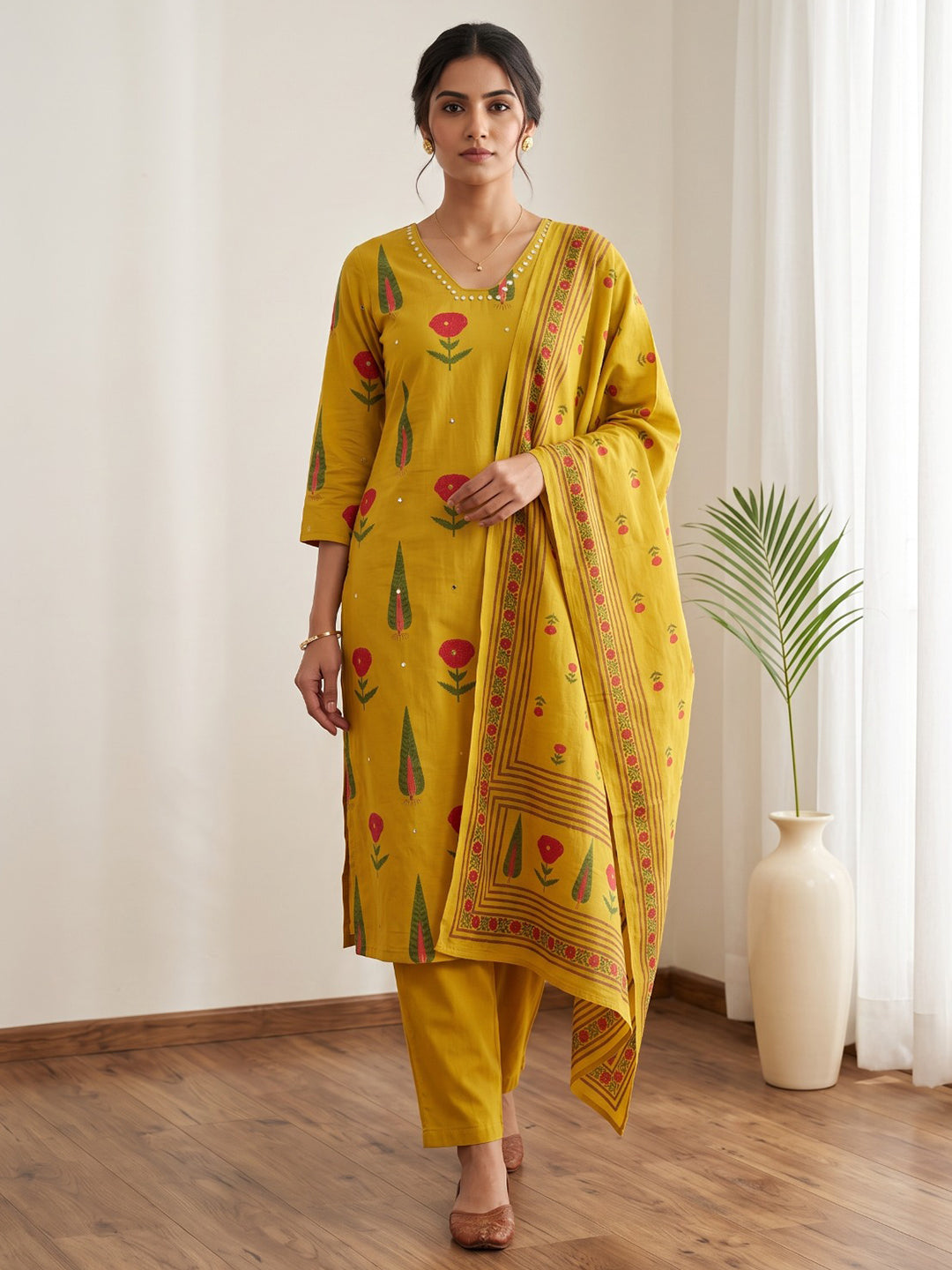 Mustard Embroidery Cotton Blend Kurta With Pant &amp; Dupatta