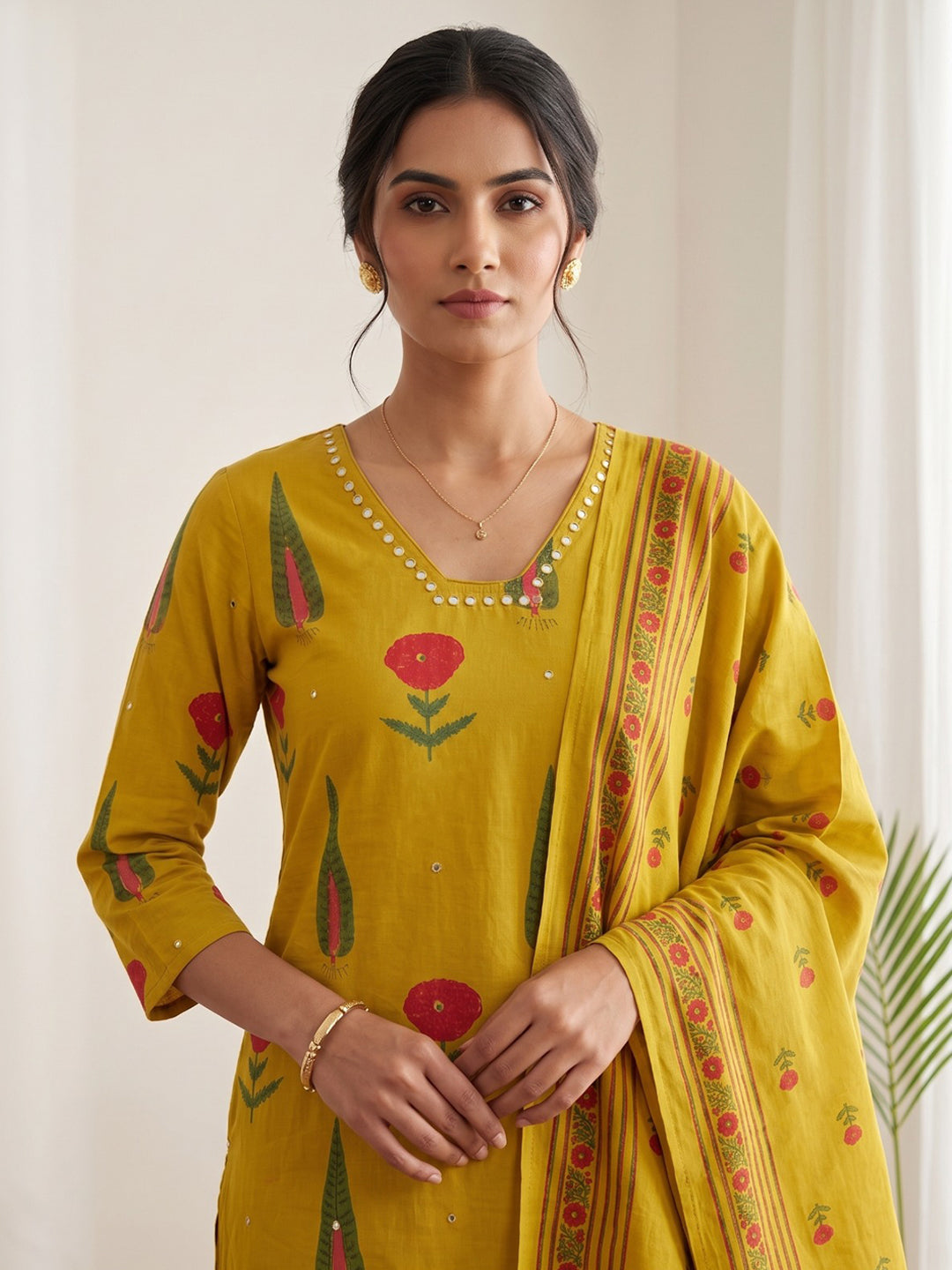 Mustard Embroidery Cotton Blend Kurta With Pant &amp; Dupatta