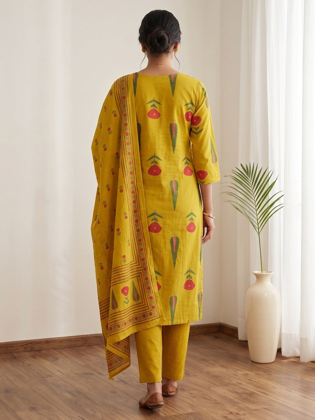 Mustard Embroidery Cotton Blend Kurta With Pant &amp; Dupatta