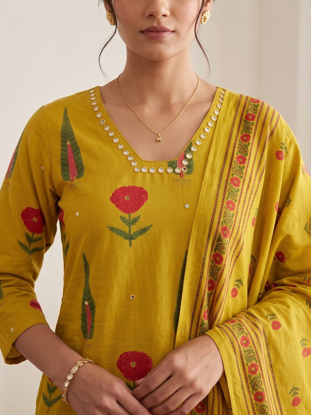 Mustard Embroidery Cotton Blend Kurta With Pant &amp; Dupatta