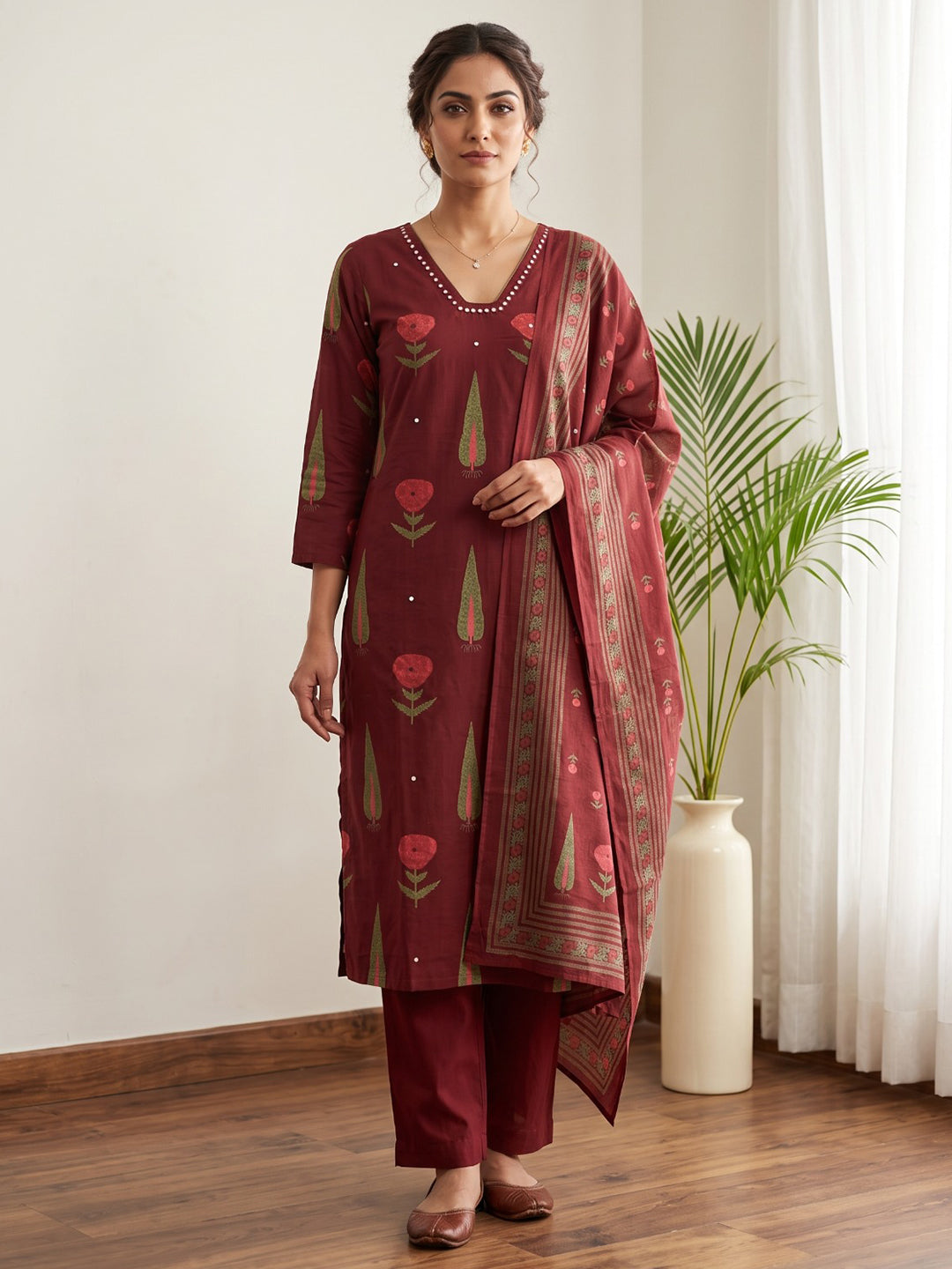 Red Embroidery Cotton Blend Kurta With Pant &amp; Dupatta