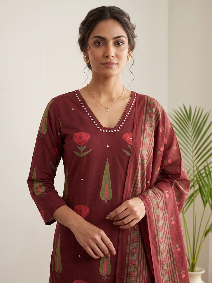 Red Embroidery Cotton Blend Kurta With Pant &amp; Dupatta