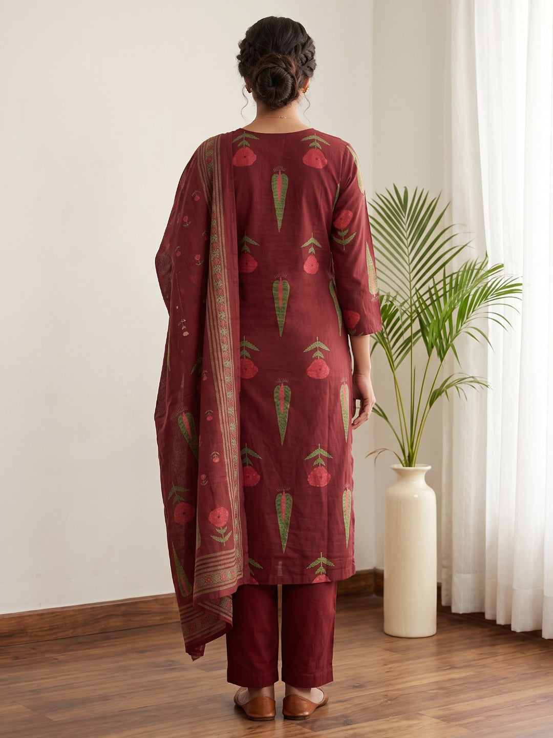 Red Embroidery Cotton Blend Kurta With Pant &amp; Dupatta