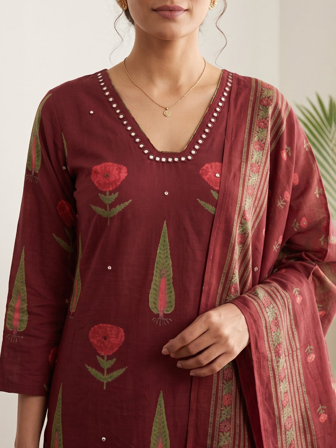 Red Embroidery Cotton Blend Kurta With Pant &amp; Dupatta