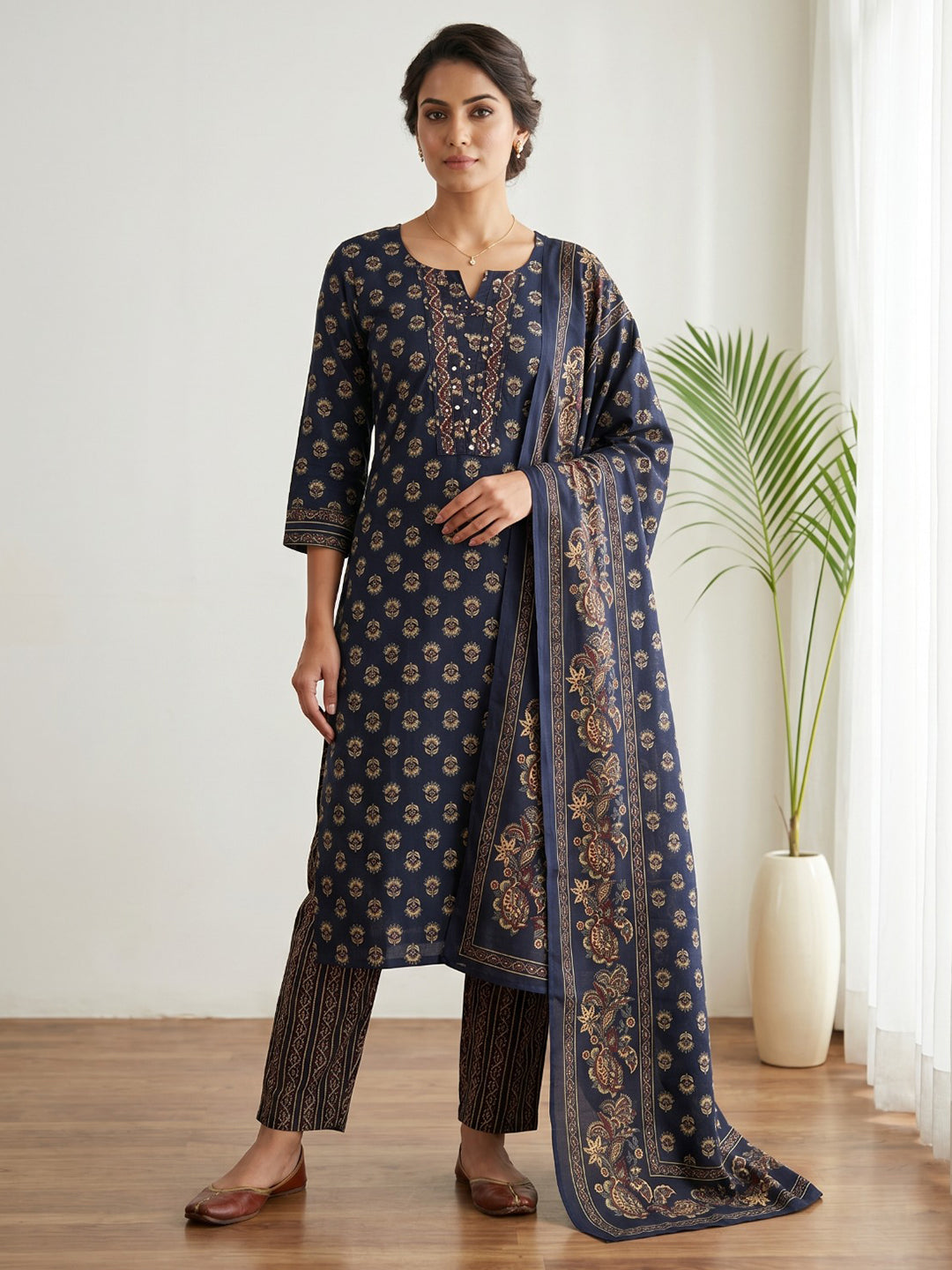 Blue Embroidery Cotton Blend Kurta With Pant &amp; Dupatta