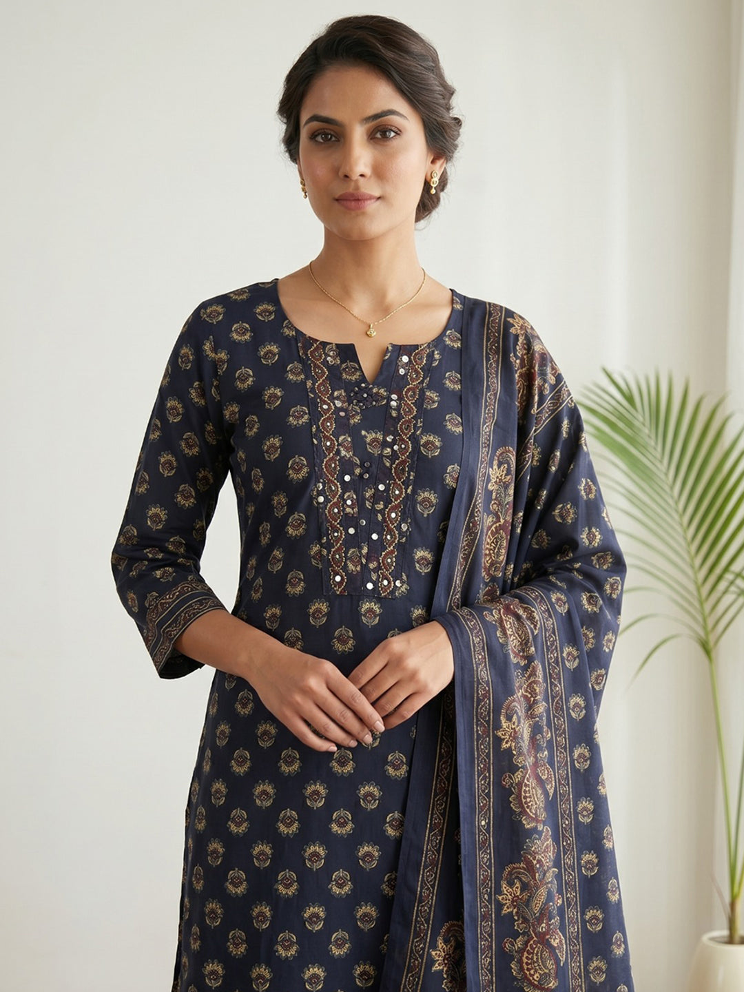 Blue Embroidery Cotton Blend Kurta With Pant &amp; Dupatta