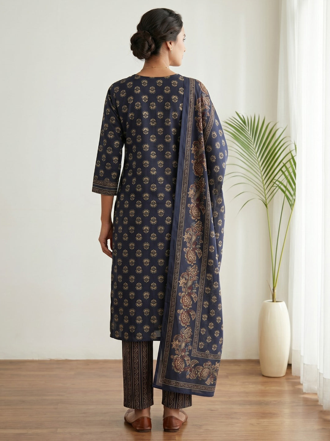 Blue Embroidery Cotton Blend Kurta With Pant &amp; Dupatta