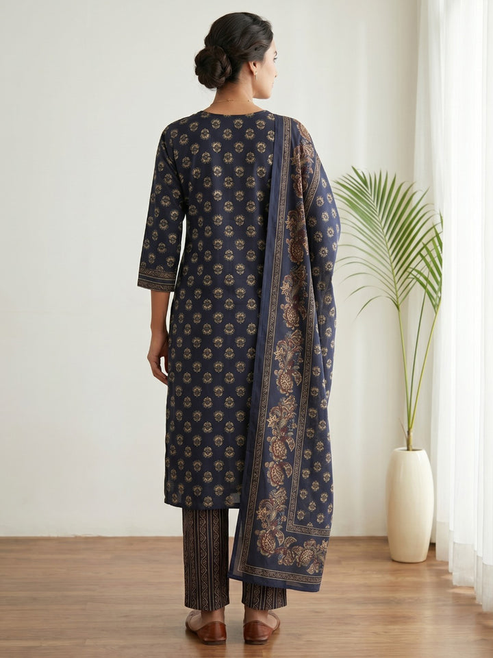 Blue Embroidery Cotton Blend Kurta With Pant &amp; Dupatta