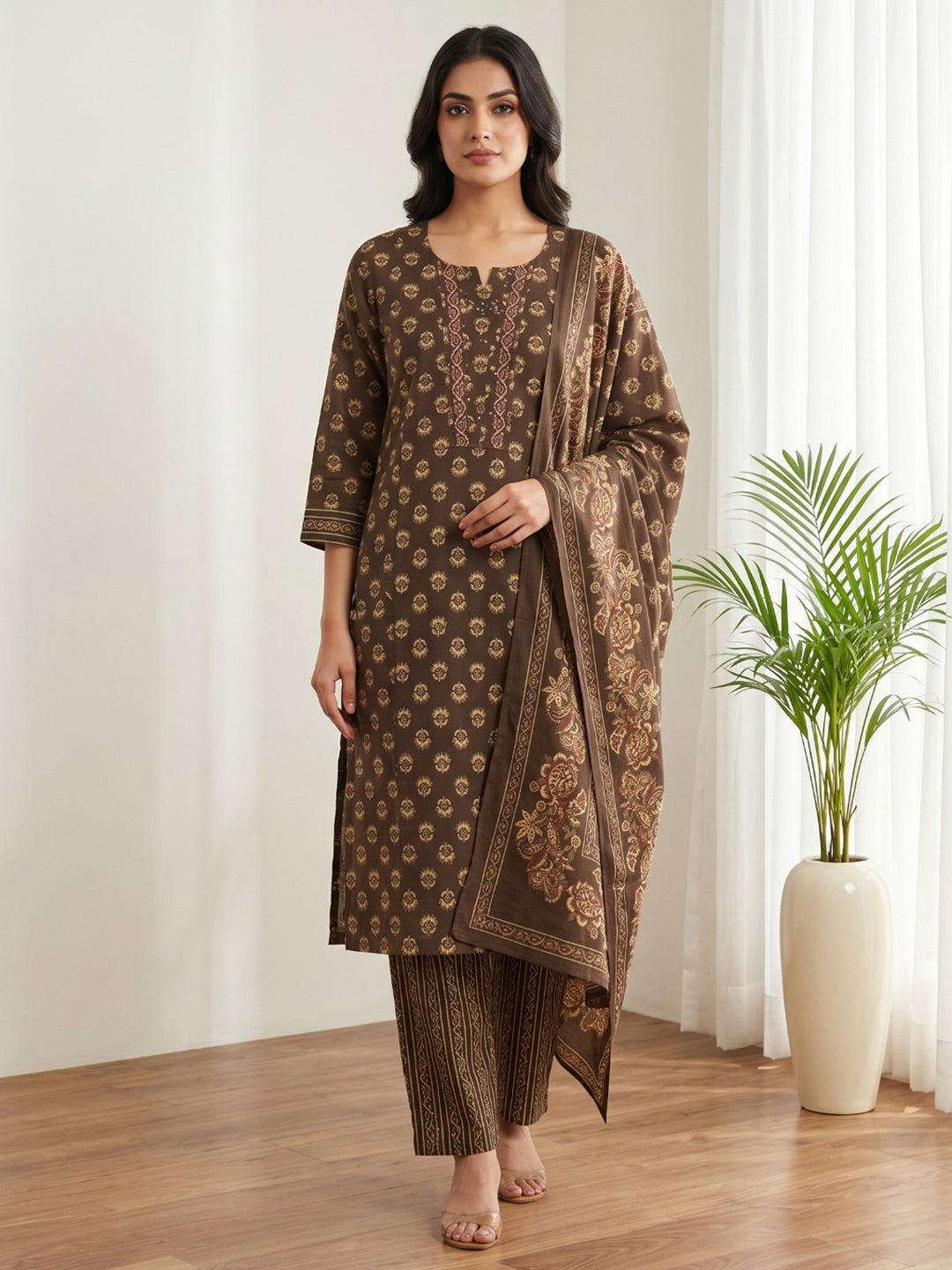 Brown Printed Cotton Blend Kurta With Pant &amp; Dupatta