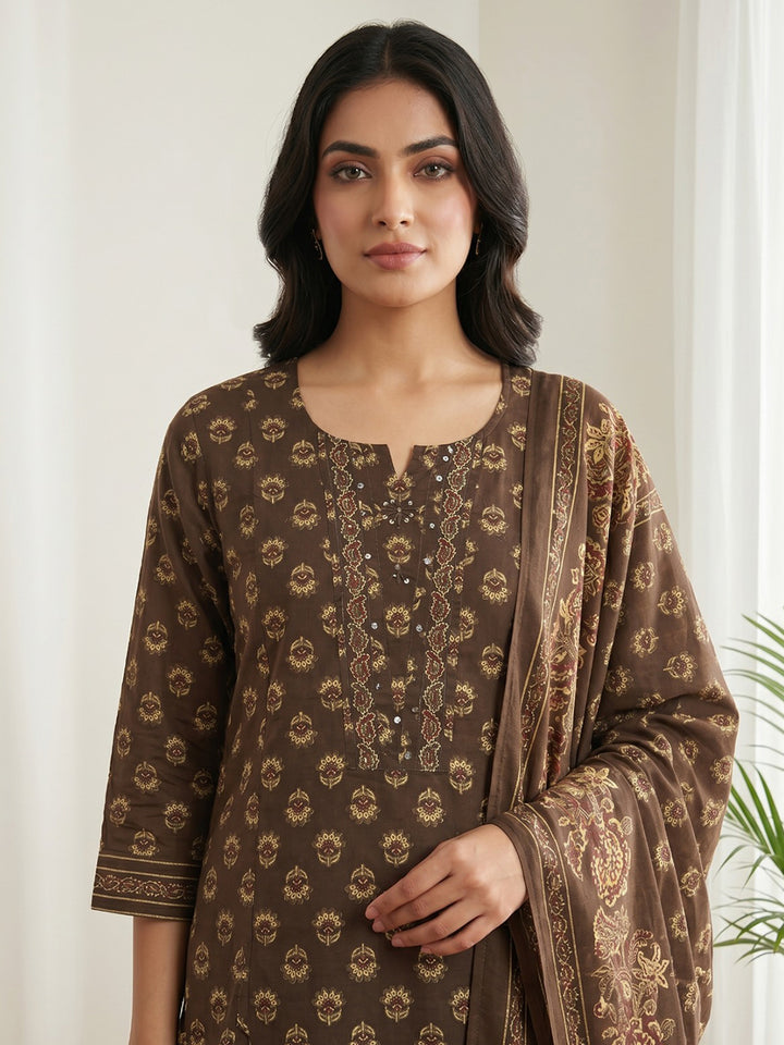 Brown Printed Cotton Blend Kurta With Pant &amp; Dupatta