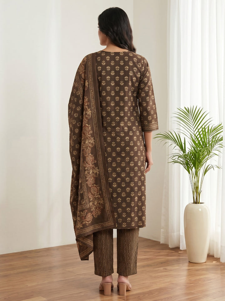 Brown Printed Cotton Blend Kurta With Pant &amp; Dupatta