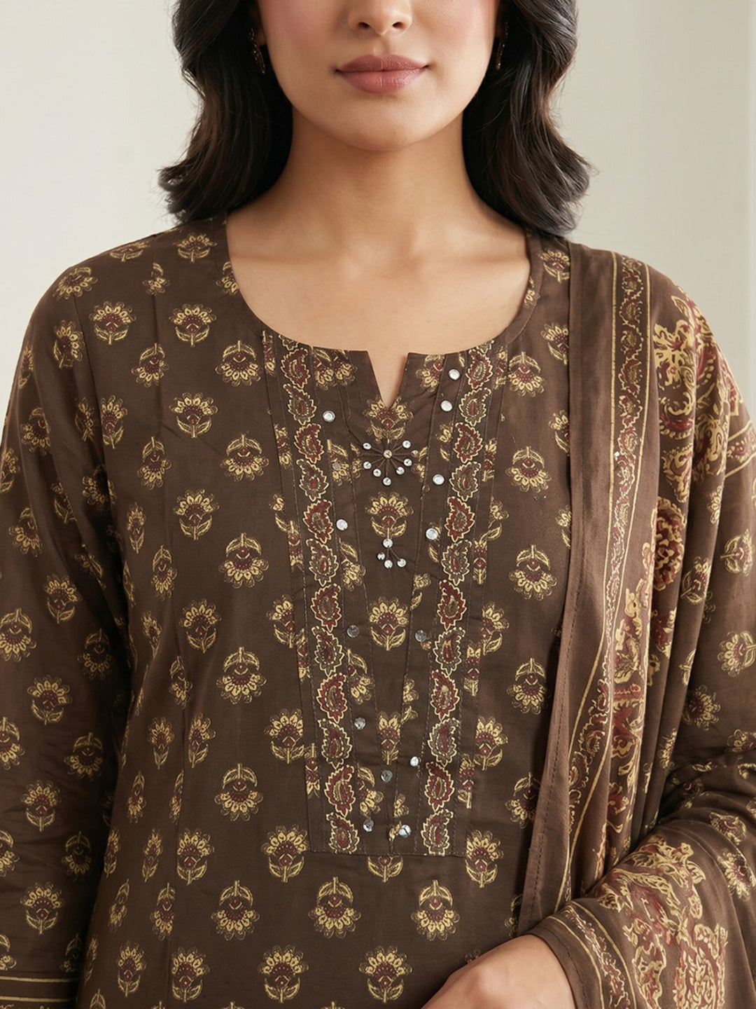 Brown Printed Cotton Blend Kurta With Pant &amp; Dupatta