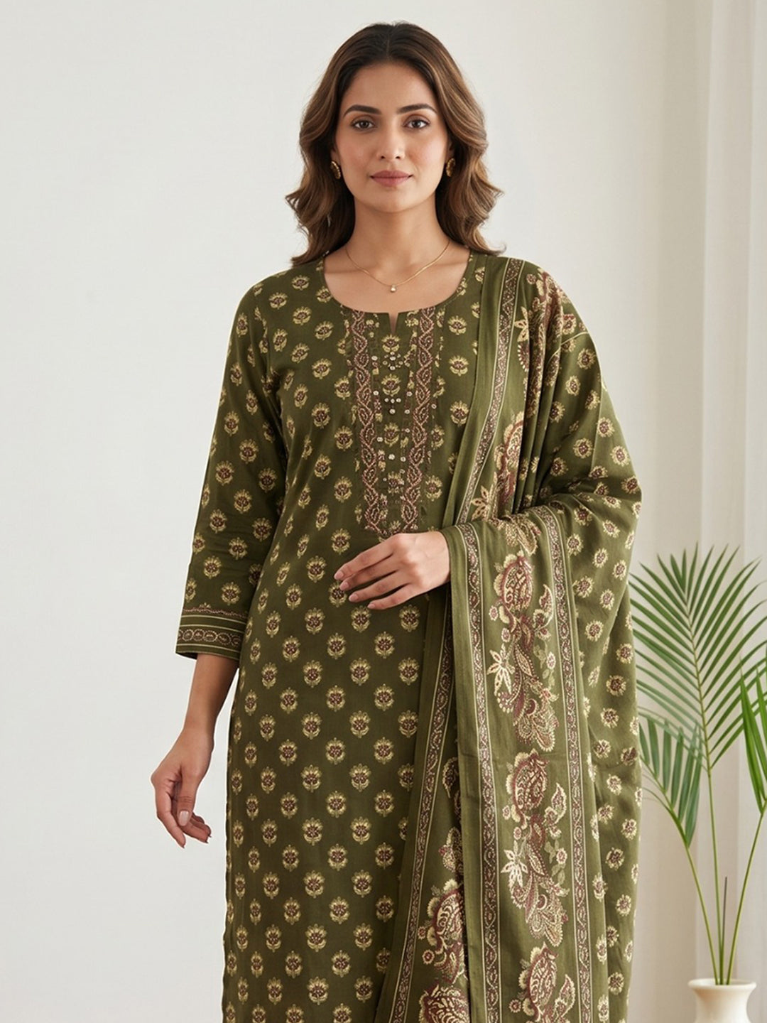 Green Printed Cotton Blend Kurta With Pant &amp; Dupatta