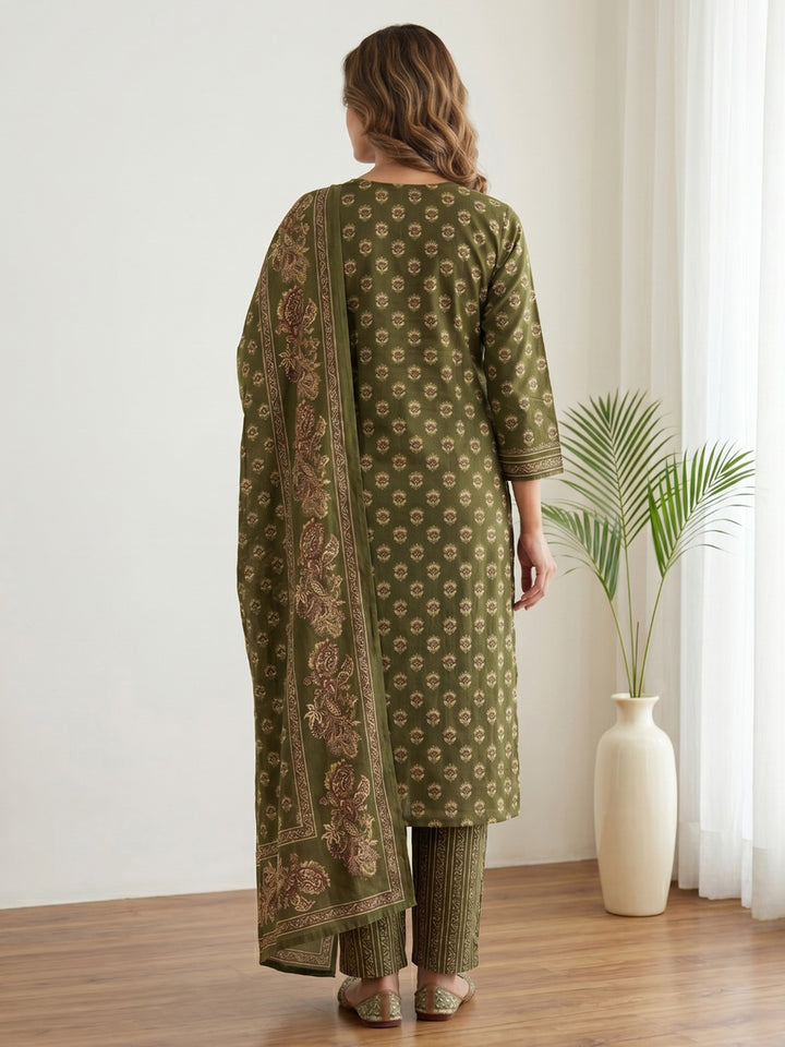 Green Printed Cotton Blend Kurta With Pant &amp; Dupatta