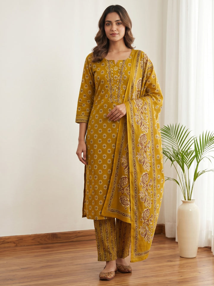 Yellow Printed Cotton Blend Kurta With Pant &amp; Dupatta